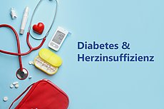Medikamente, Stethoskop und Blutzuckermessgerät mit Schriftzug Diabetes und Herzinsuffizienz